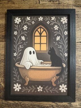 Ghost & Black Cat Bathtub Art Print - Warm Brown Window